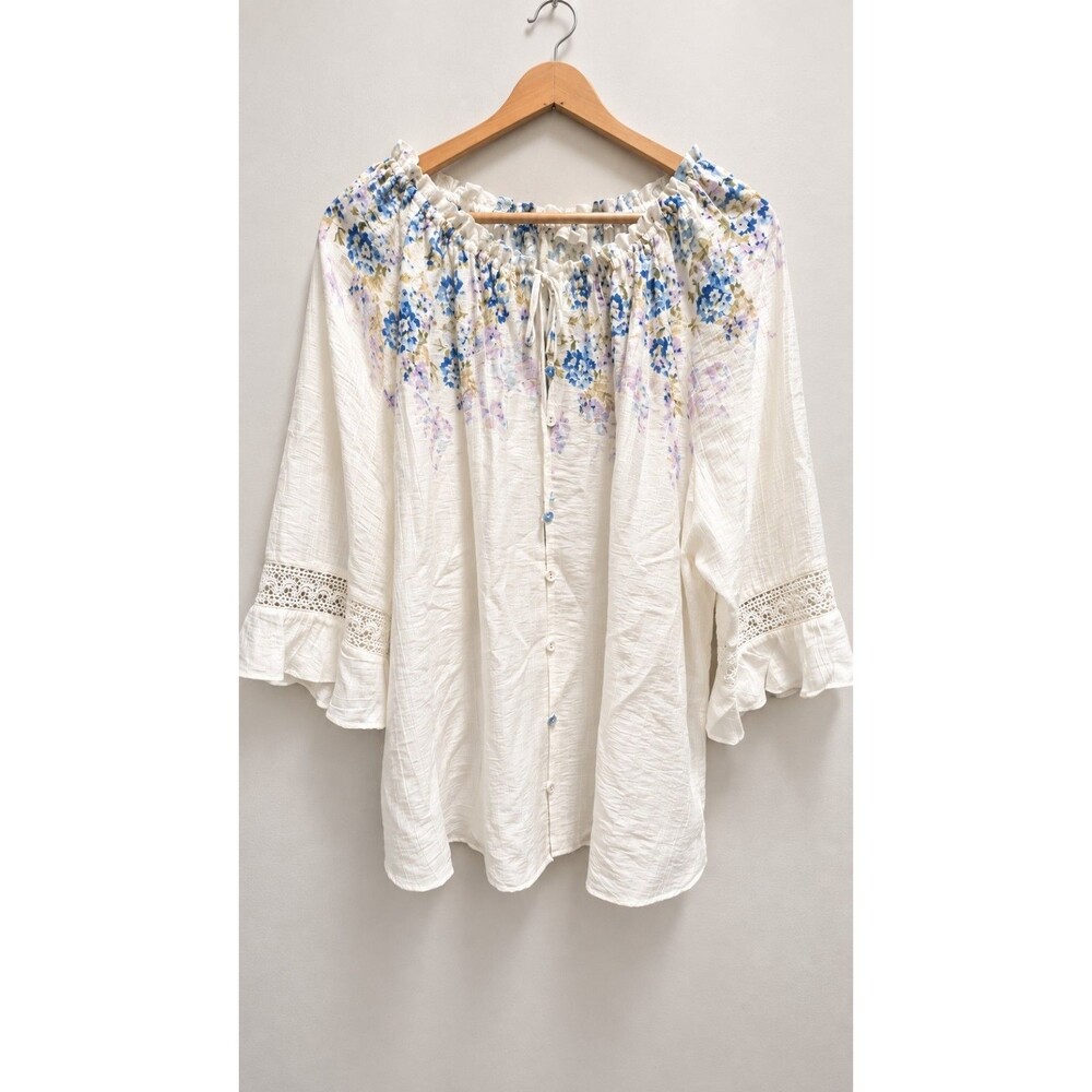 Cream Boho Floral Peasant Blouse Lace Insert Bell Sleeve Tie Neck 3X